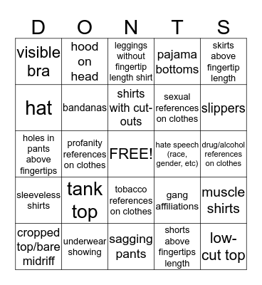 Dress Code Bingo Card