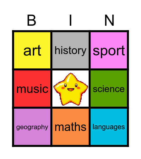 School subjects Bingo Card