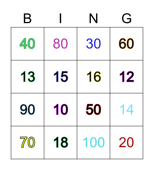 Teens and Tens Bingo Card