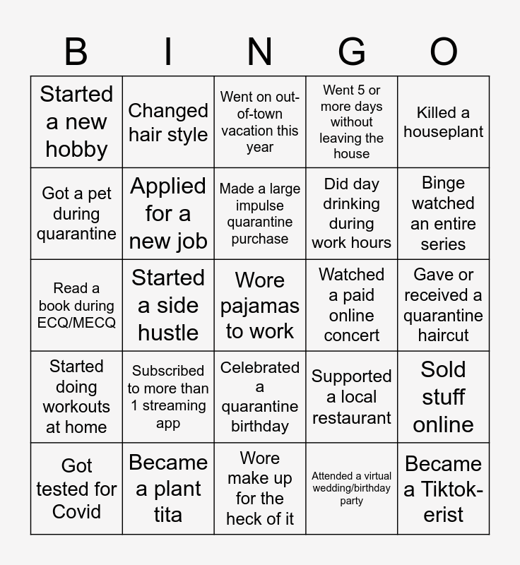 Quarantine Bingo Card