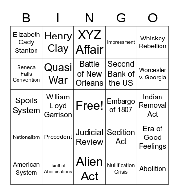 New Nation Vocab Review Bingo Card