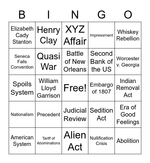 New Nation Vocab Review Bingo Card