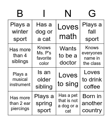 Get to know your class again! Bingo Card