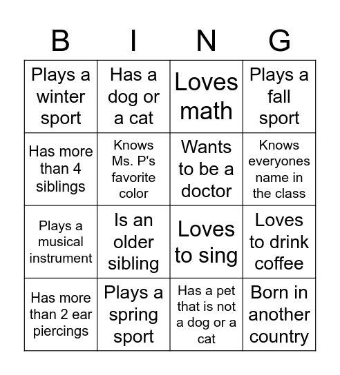 Get to know your class again! Bingo Card