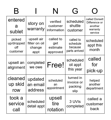 Service Bingo Card