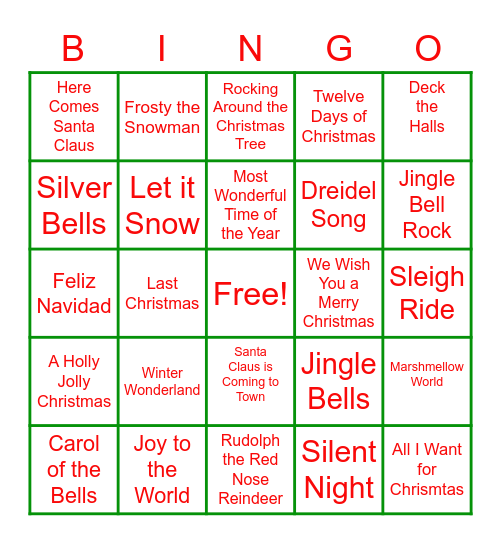 Holiday Carols Bingo Card