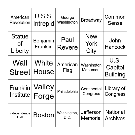 "National Treasure" Hunt Bingo Card