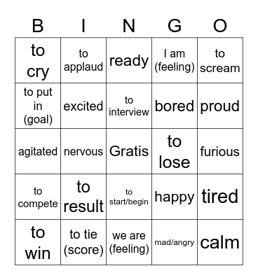1C verbs and adjectives (feelings) Bingo Card