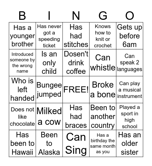 Find Someone Who..... Bingo Card