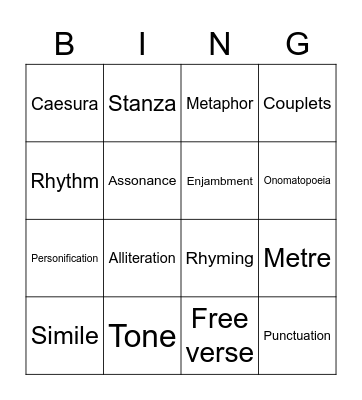 Poetic techniques recap! Bingo Card