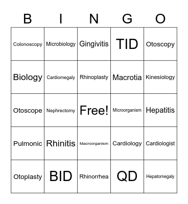 Medical Term 1 Bingo Card