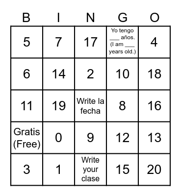 Numeros/Numbers 0-20 Bingo Card