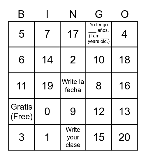 Numeros/Numbers 0-20 Bingo Card