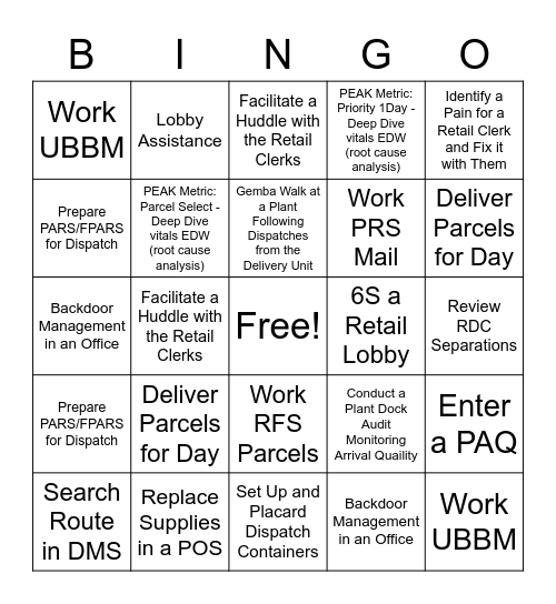 USPS Peak Bingo Card