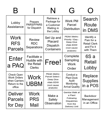 USPS Peak Bingo Card