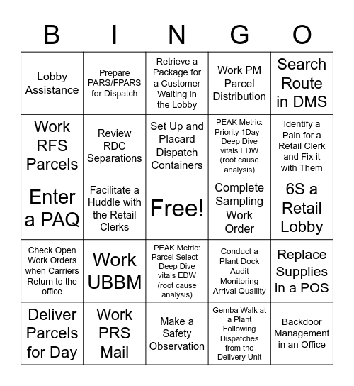 USPS Peak Bingo Card