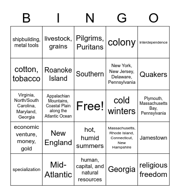 Social Studies Colonial America Module 5 Bingo Card