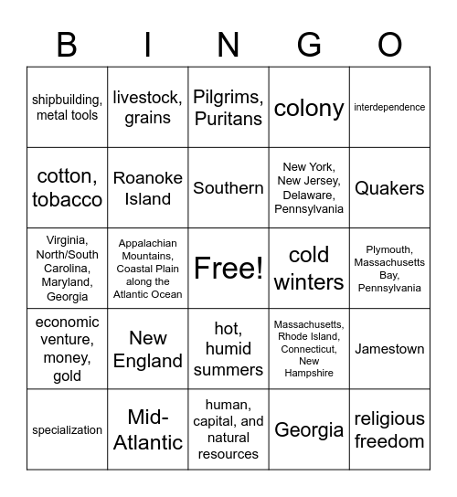 Social Studies Colonial America Module 5 Bingo Card