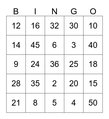 Multiplication Facts (2, 3, 4, and 5) Bingo Card