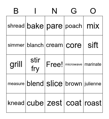 Food prep Bingo Card