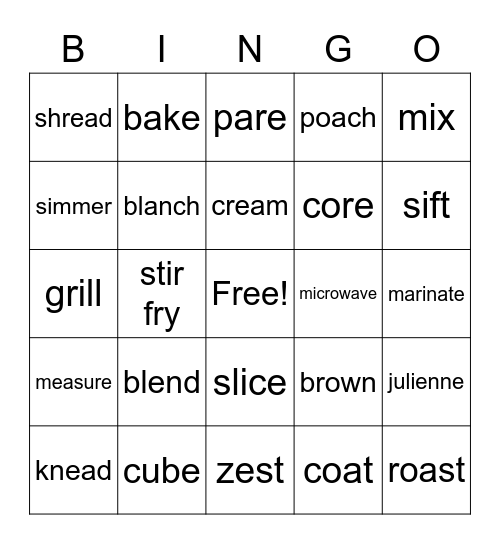 Food prep Bingo Card