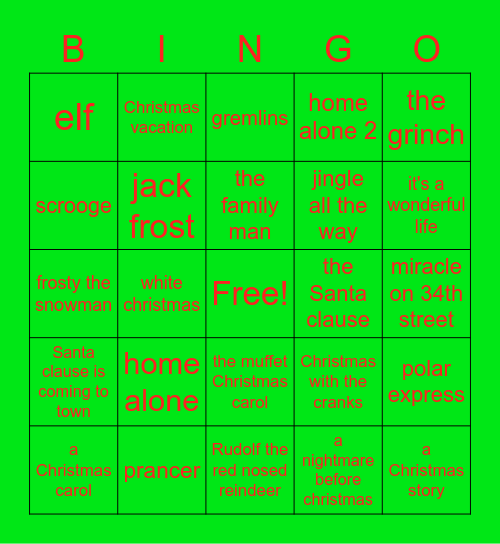 Christmas Movies Bingo Card