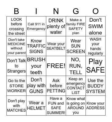 Safety Bingo Card