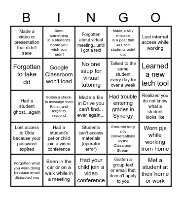 Online Team Building Bingo Card