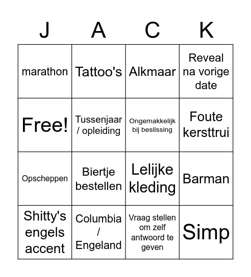 Jack's First (second) Date Bingo Card