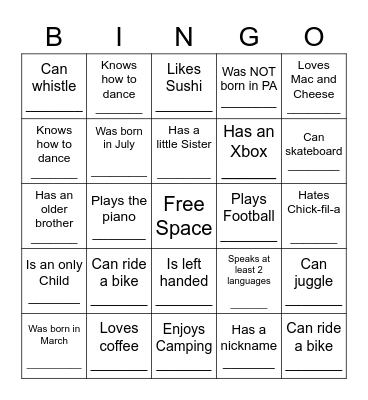 YOUTH HUMAN BINGO Card
