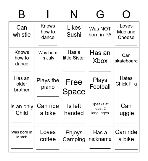 human bingo for teens