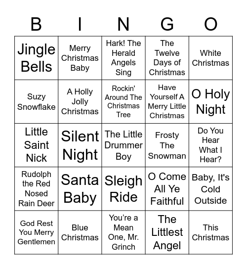 Merry Christmas "Traditional Songs" Bingo Card