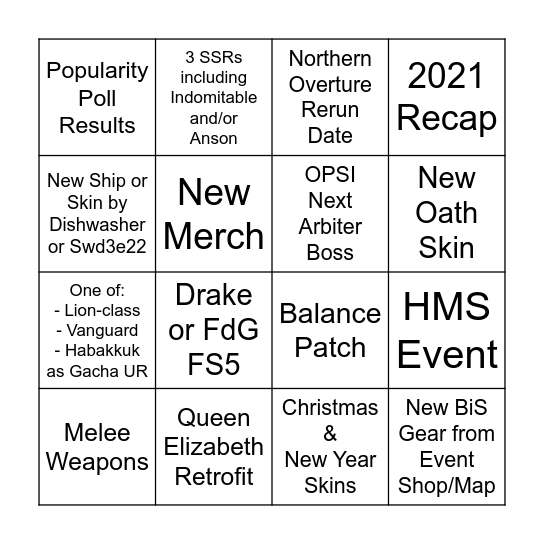 Azur Lane Christmas Livestream Bingo Card