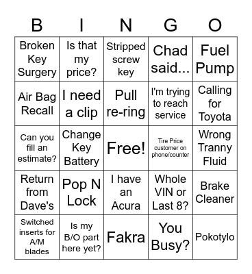 Parts Dept. Bingo! Bingo Card