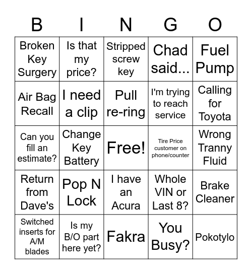 Parts Dept. Bingo! Bingo Card