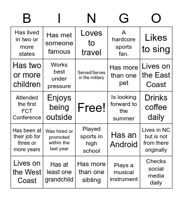 FCT National Conference 2022 Bingo Card
