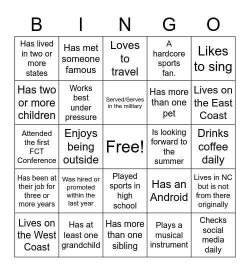 FCT National Conference 2022 Bingo Card