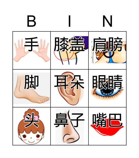 身体部位 Bingo Card