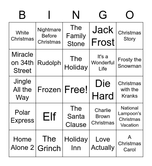 Christmas Movie Bingo Card