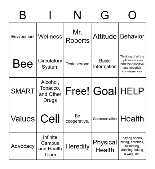 Healthy Holiday Bingo Card