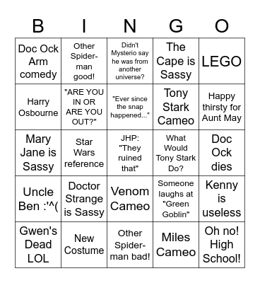 No Way Home Bingo Card