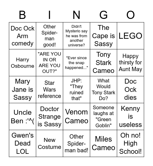 No Way Home Bingo Card