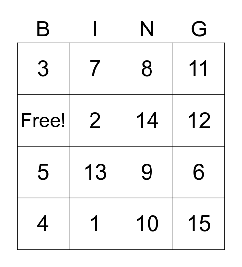 Number Bingo Card