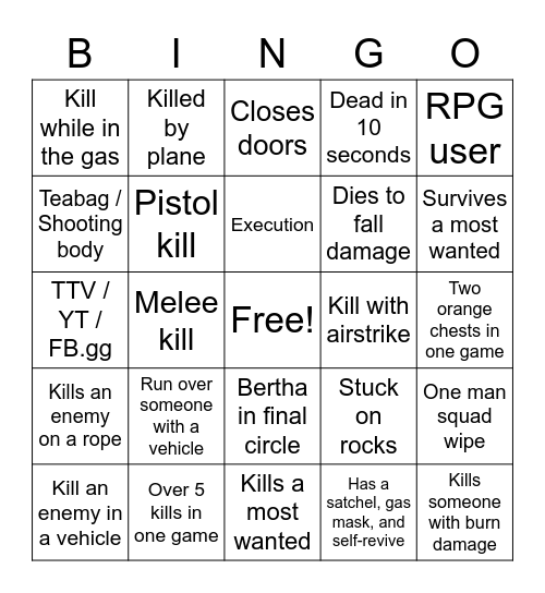 Warzone Bingo Solos Bingo Card