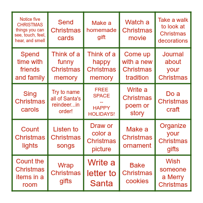 Christmas Coping Skills Bingo Card