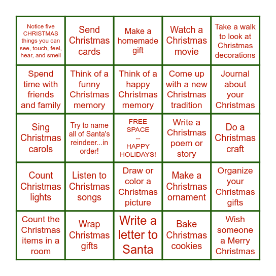 Christmas Coping Skills Bingo Card