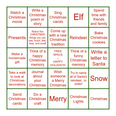 Christmas Coping Skills Bingo Card