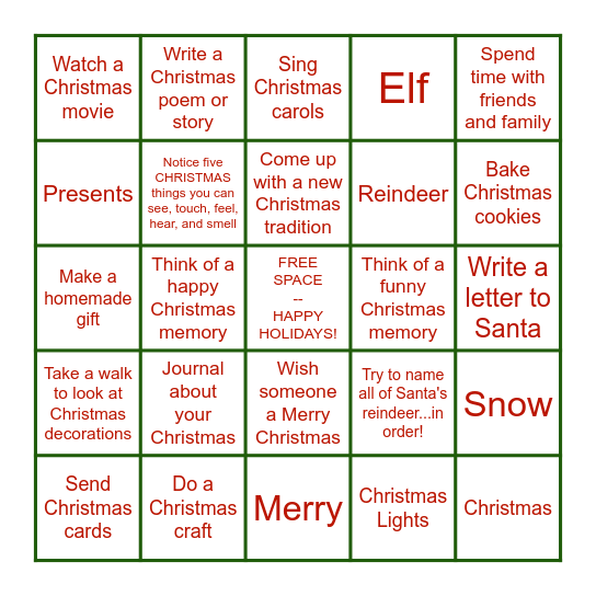 Christmas Coping Skills Bingo Card