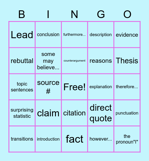 Argumentative Writing Bingo Card