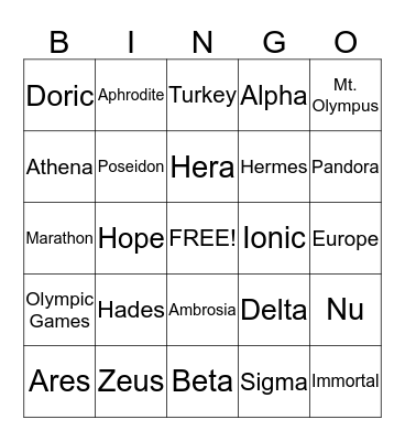 Greek Mythology Bingo Card